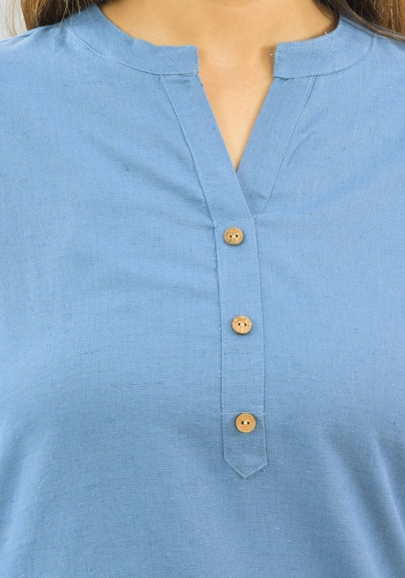 Women Co-Ords Sky Blue Cotton Flax Dress Top and Shorts-10322