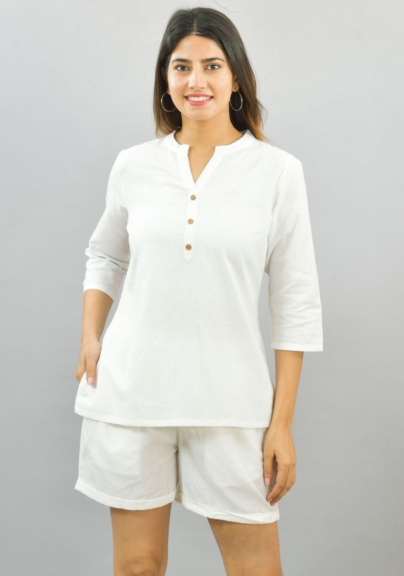 Women Co-Ords White Cotton Flax Dress Top and Shorts-10325