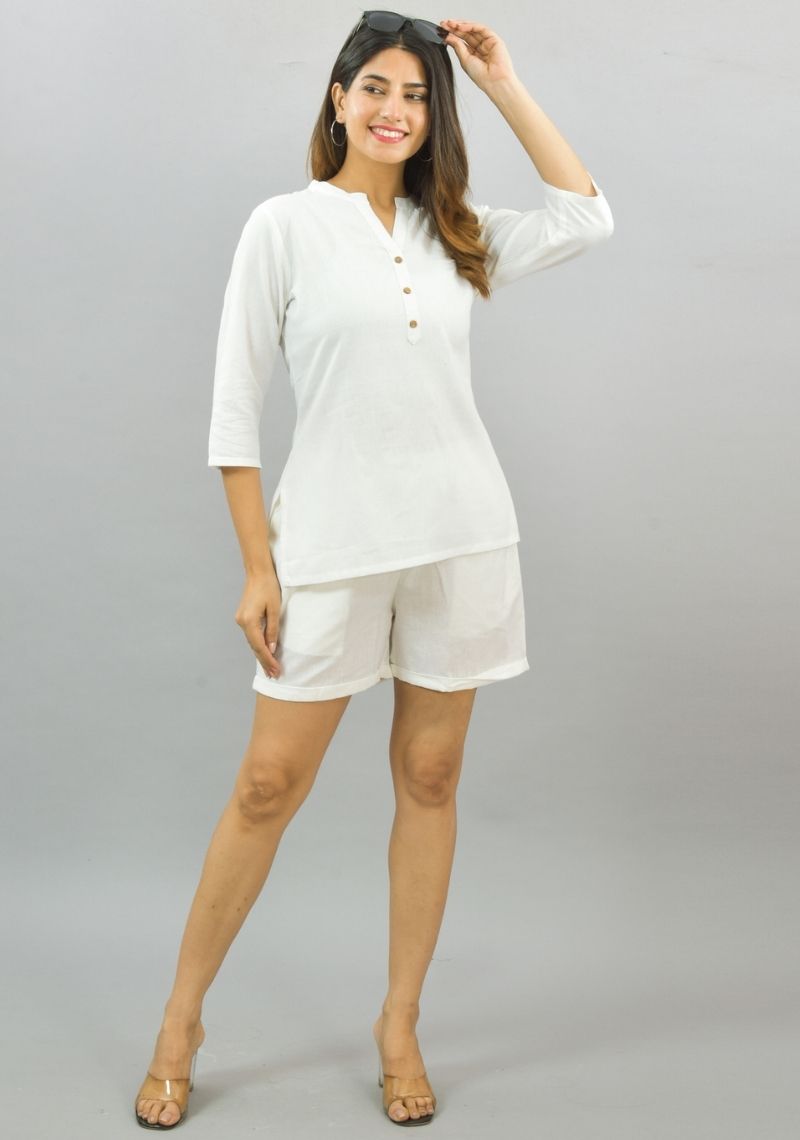 Women Co-Ords White Cotton Flax Dress Top and Shorts-10325