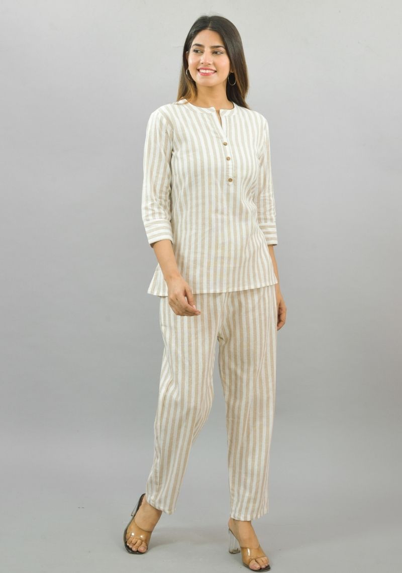 Women Co-Ords Off White Cotton Lining Dress Top and Bottom-10331