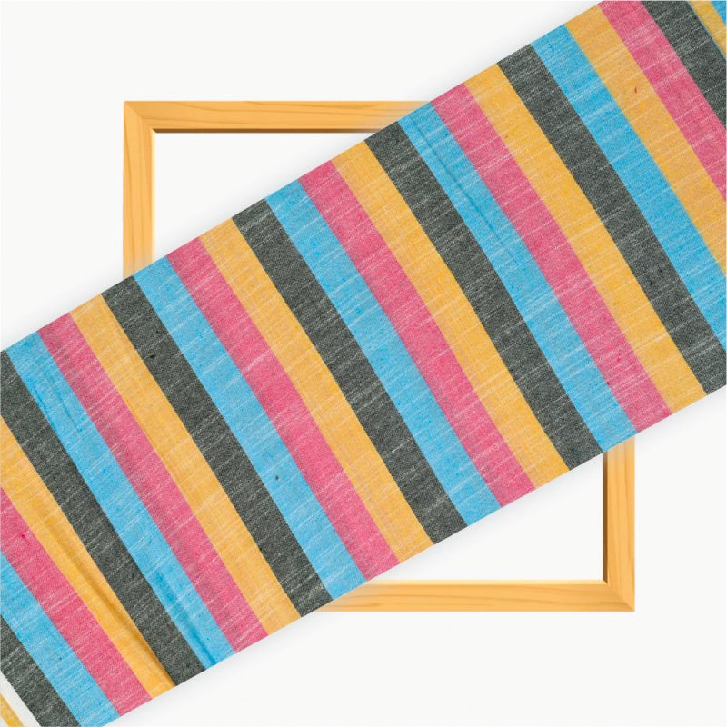 Yellow Pink and Black Stripe Cotton Handloom Fabric