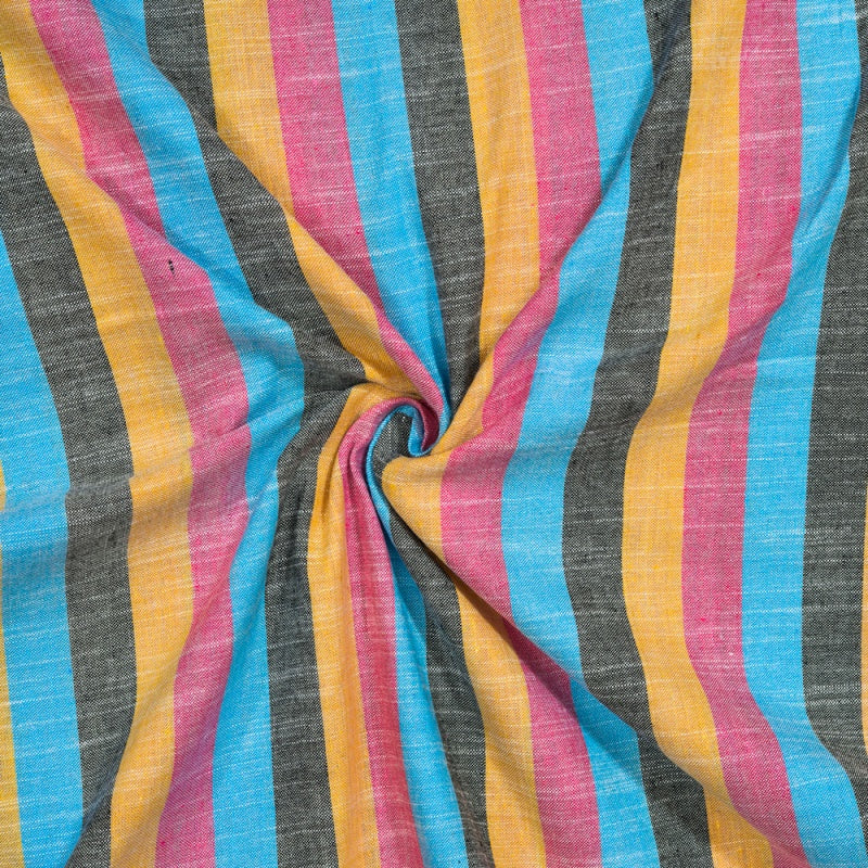 Yellow Pink and Black Stripe Cotton Handloom Fabric