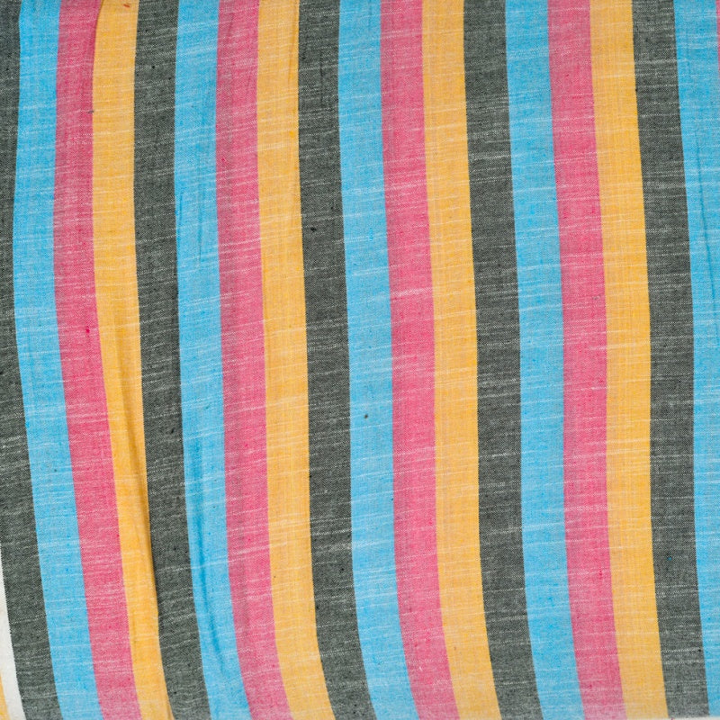 Yellow Pink and Black Stripe Cotton Handloom Fabric