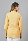 Women Mandarin Collar Roll-Up Sleeves Cotton Top