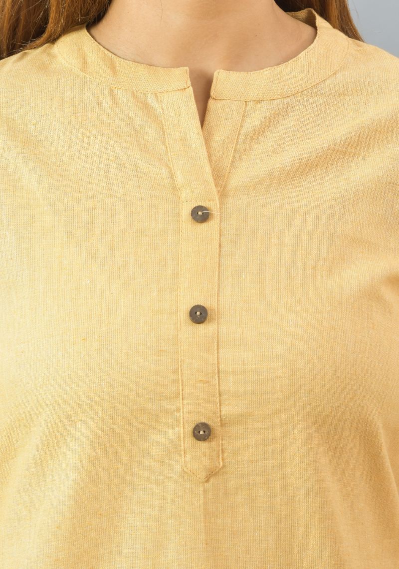 Women Mandarin Collar Roll-Up Sleeves Cotton Top